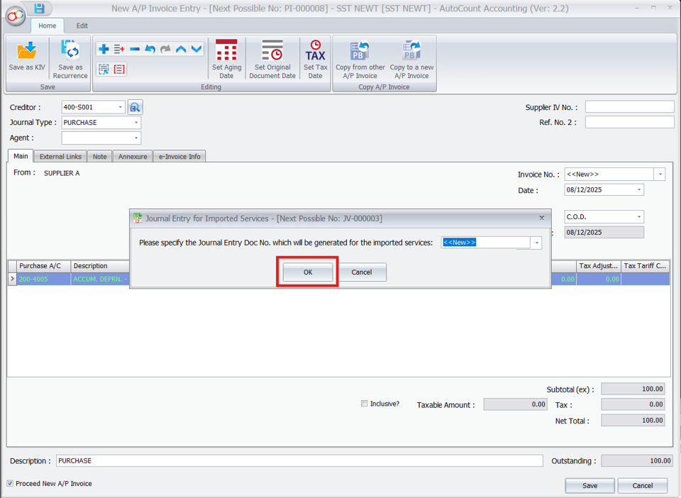 A/P Invoice entry with Journal Entry Doc No. prompt in AutoCount.