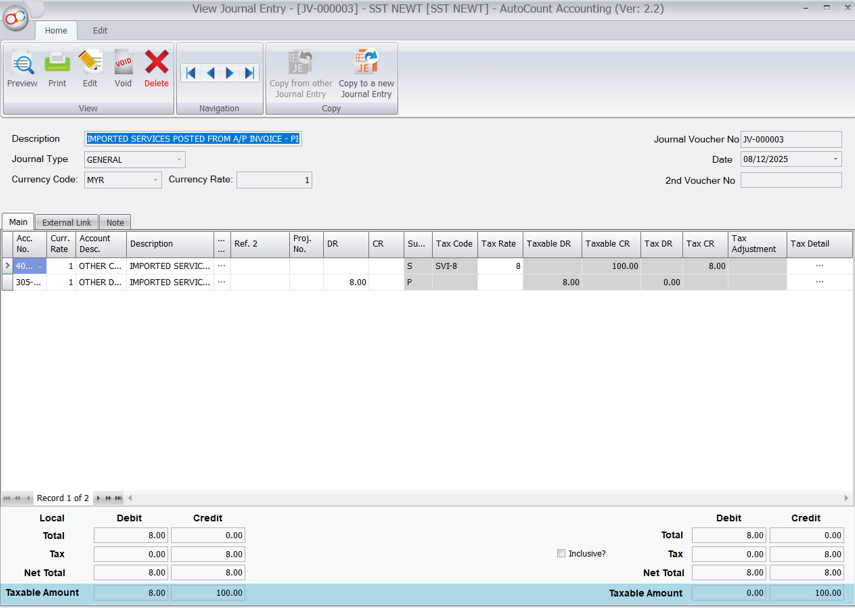 Journal Entry for imported services posted from A/P Invoice in AutoCount.