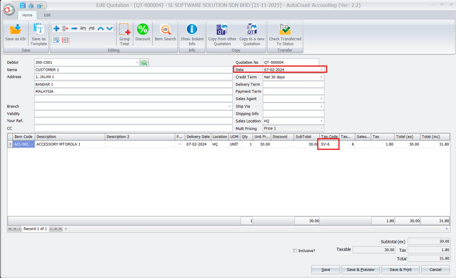Quotation entry screen in AutoCount Accounting with SV-6 tax code.