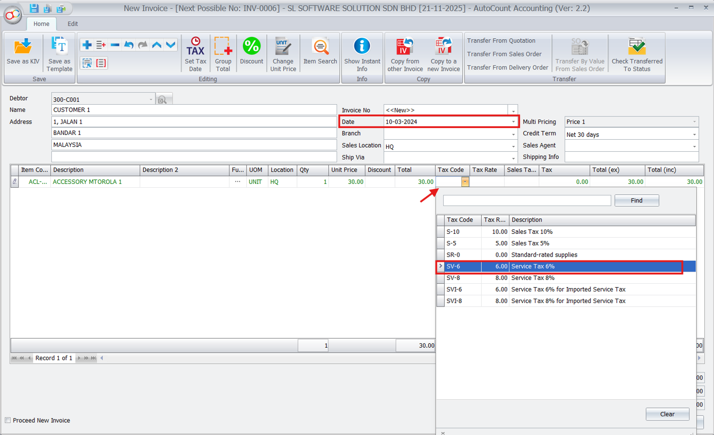 New invoice entry screen in AutoCount Accounting with SV-6 tax code applied.