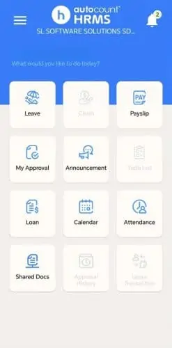 AutoCount HRMS mobile dashboard displaying various options such as leave, claim, payslip, calendar, attendance, and more.