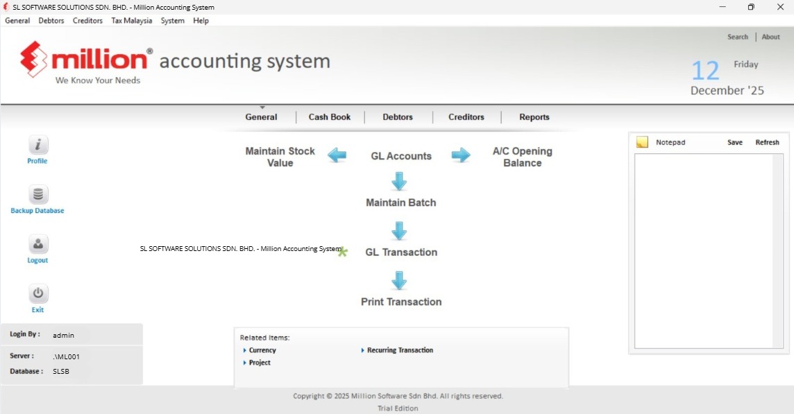 Million Accounting System dashboard interface.
