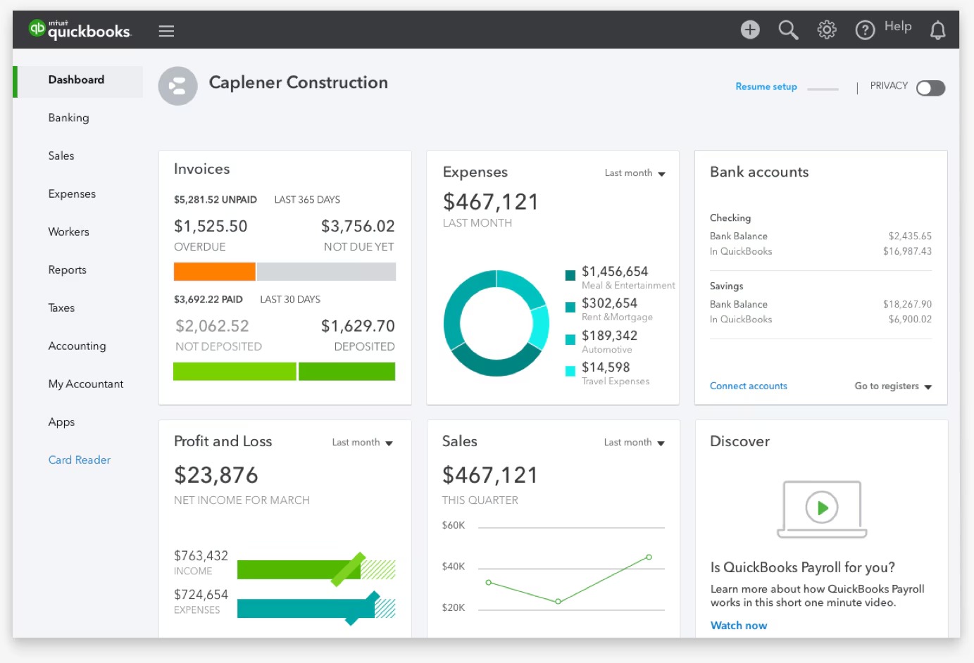 QuickBooks Online accounting dashboard overview.