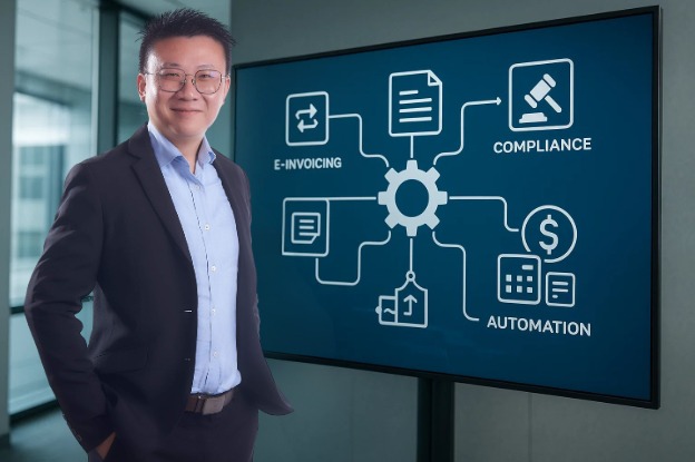 Man with e-invoicing, compliance, and automation icons.