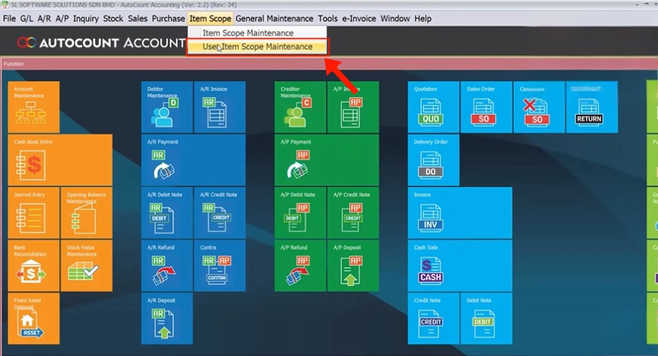 User Item Scope Maintenance menu in AutoCount