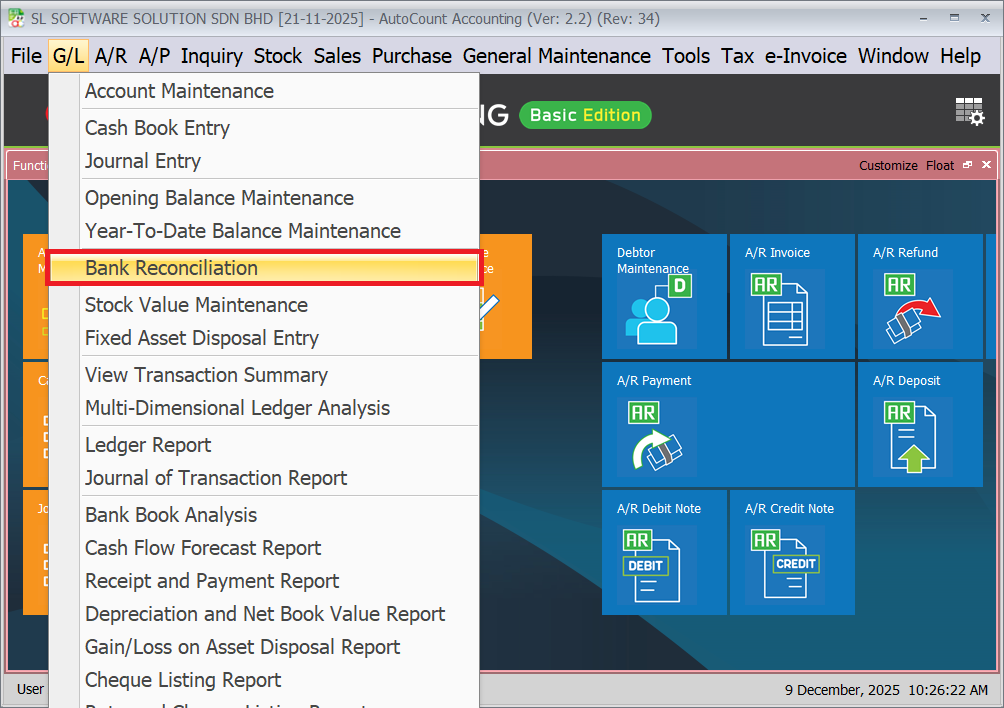 Go to G/L > Bank reconciliation