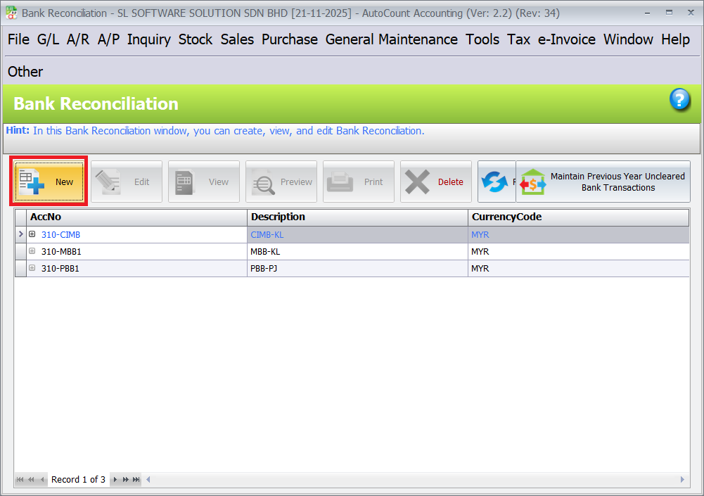 Click on "New" to create new bank reconciliation.