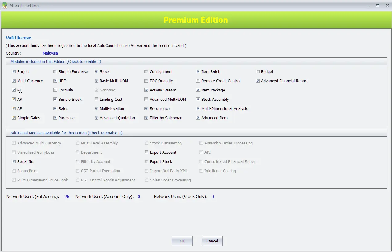 AutoCount Accounting module settings with available and activated features.