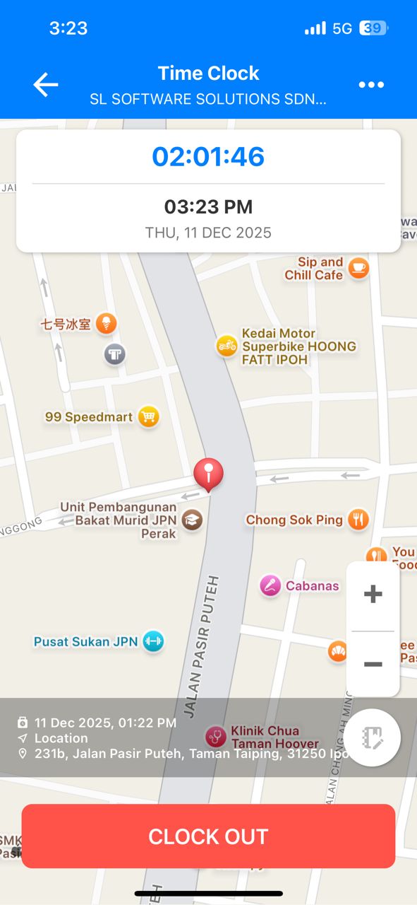 Time Clock Screen with Location and Clock Out Option