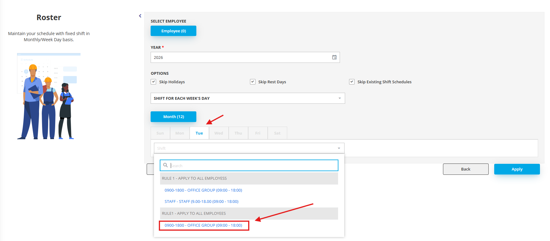 AutoCount HRMS shift assignment for Tuesday with shift rule selection.