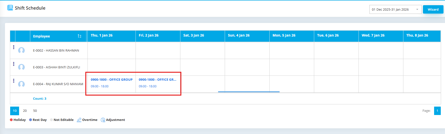 AutoCount HRMS employee shift schedule for the week.