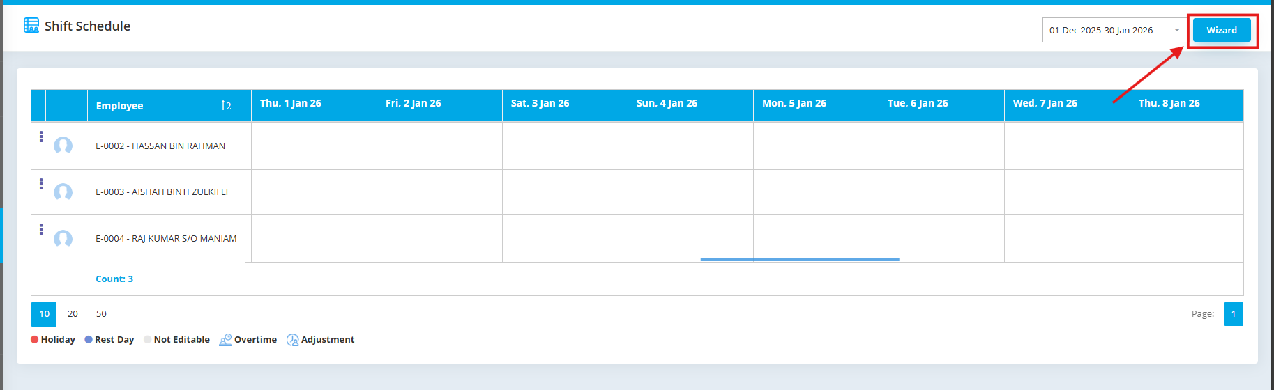 AutoCount HRMS Shift Schedule with "Wizard" option.