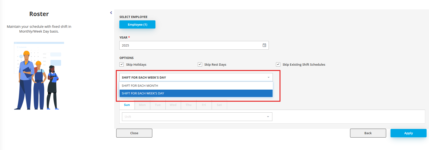 AutoCount HRMS shift configuration for each week's day.