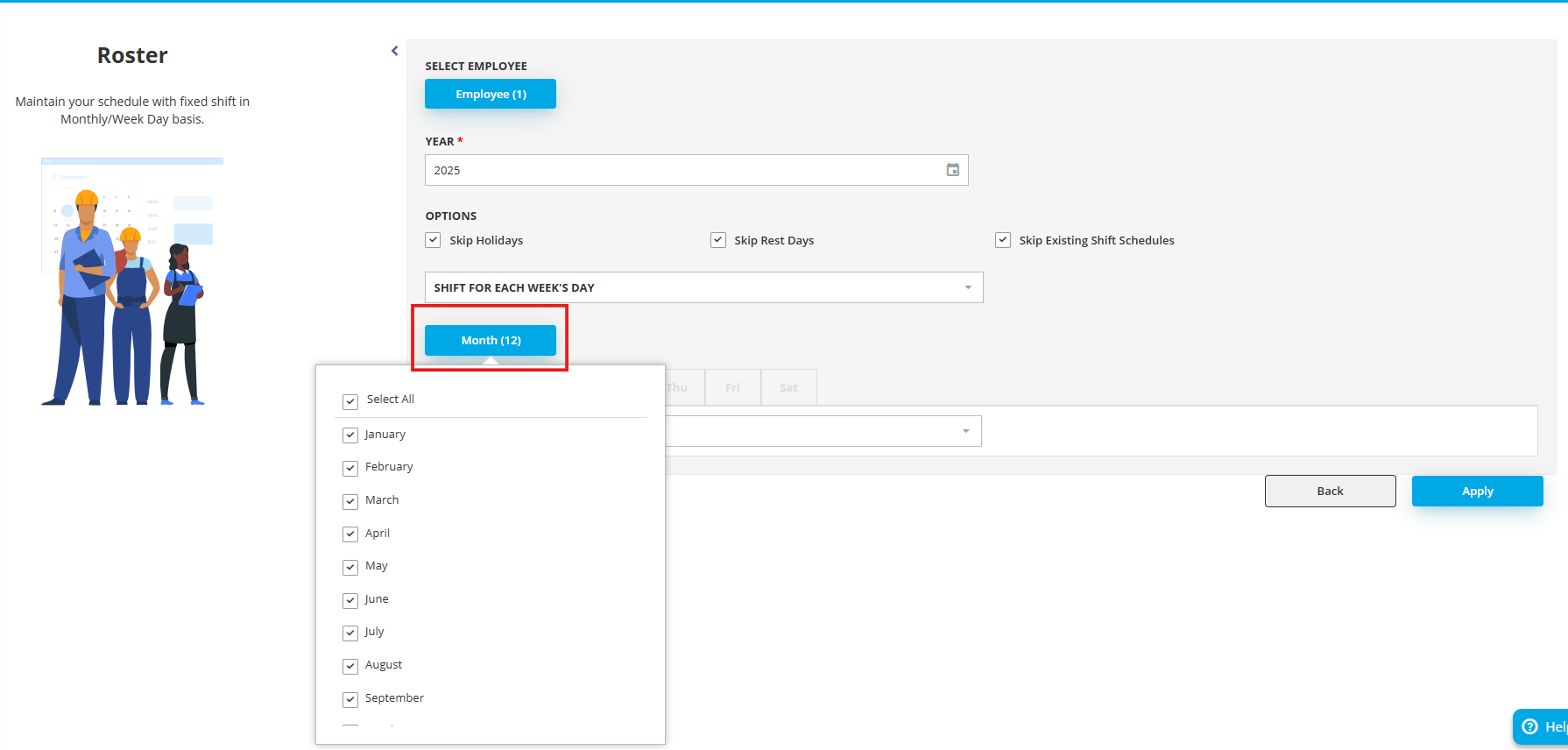 AutoCount HRMS month selection for roster shift scheduling.
