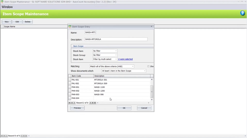 AutoCount Item Scope Maintenance setup screen
