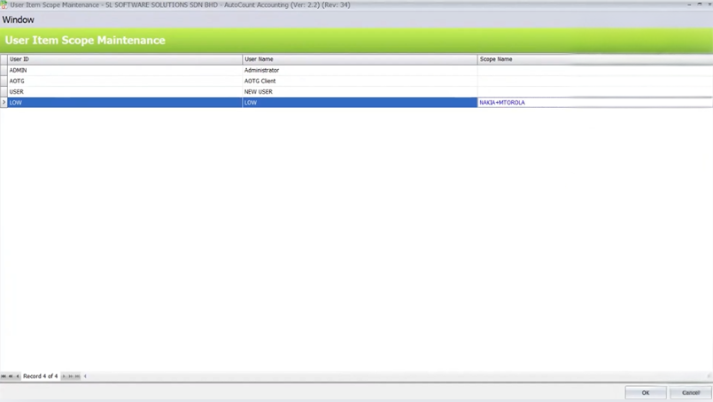 User Item Scope Maintenance screen in AutoCount