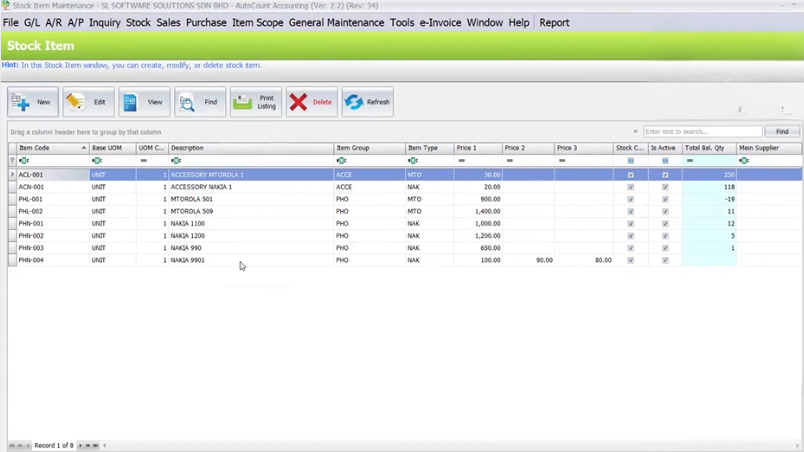 Stock Item list in AutoCount Accounting