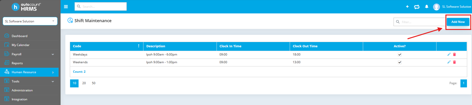 Shift Maintenance screen with 'Add New' button highlighted