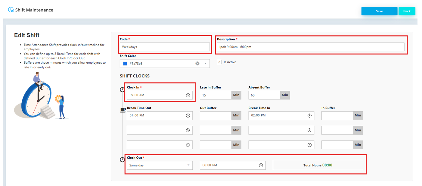 Edit Shift screen with shift details and clock in/out times