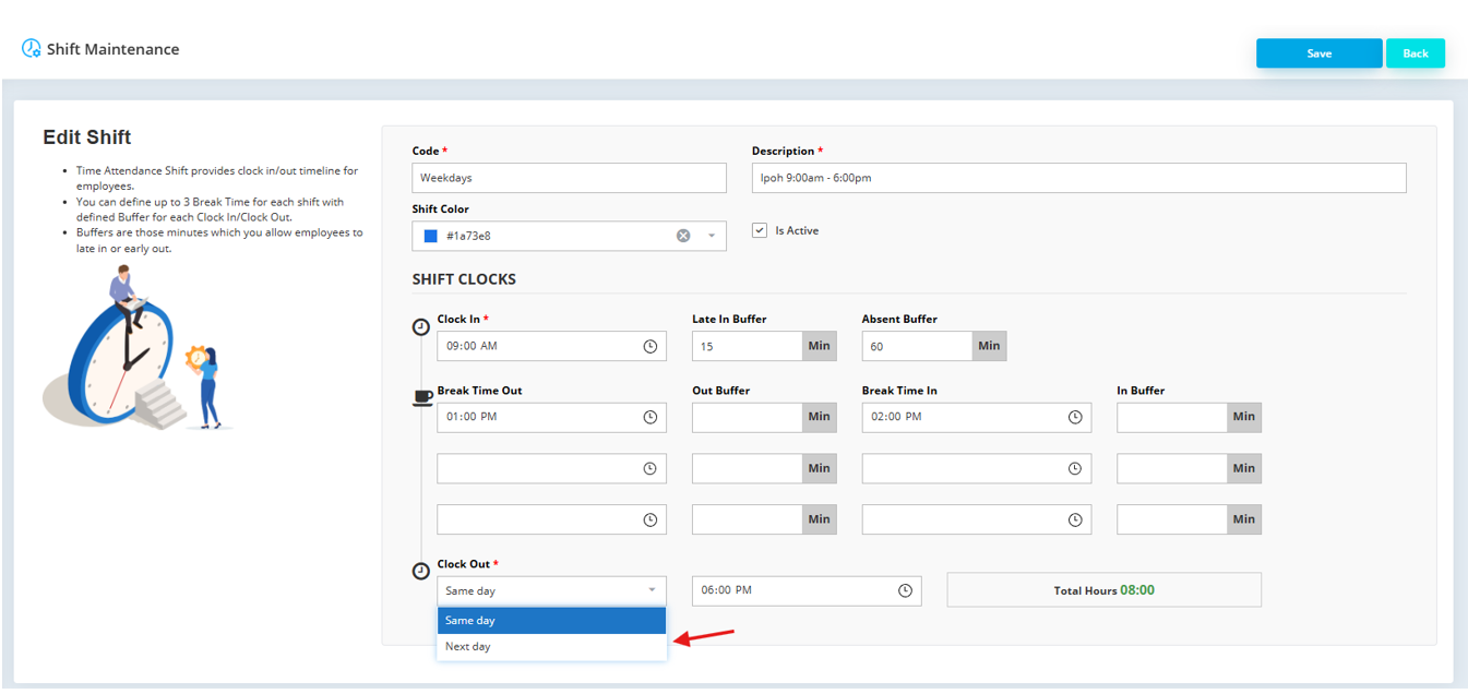 Edit Shift screen with option to select 'Same day' or 'Next day' for clock-out time