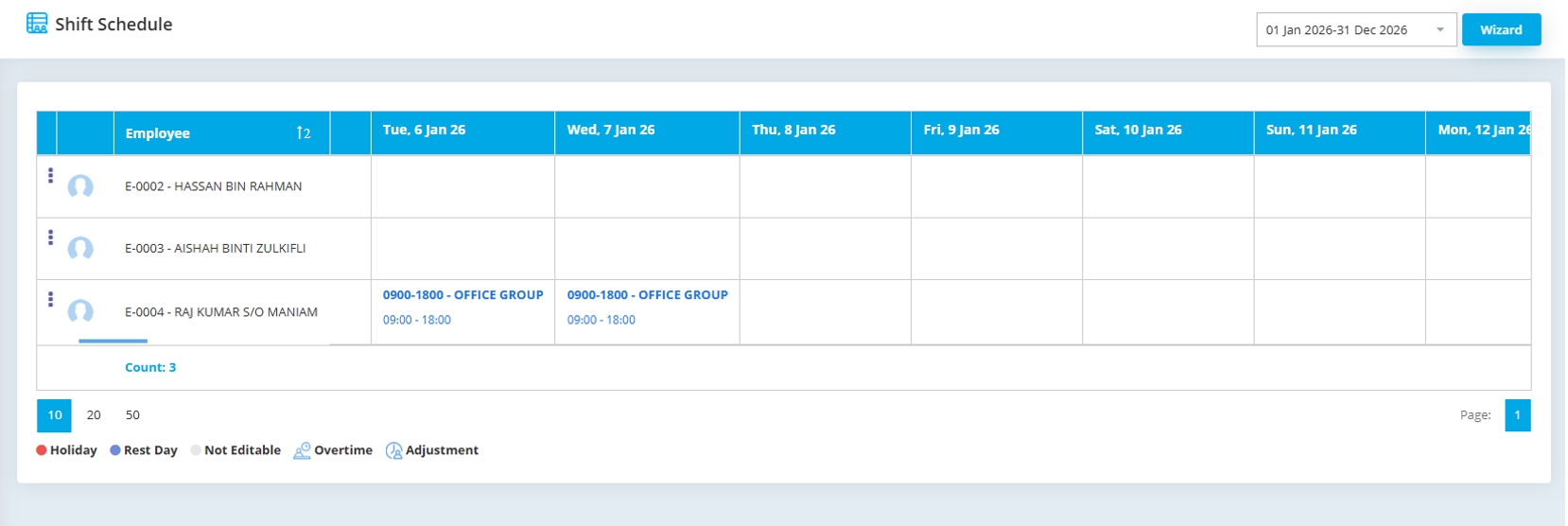 Shift Schedule with assigned shifts for employees from 6th to 12th January 2026