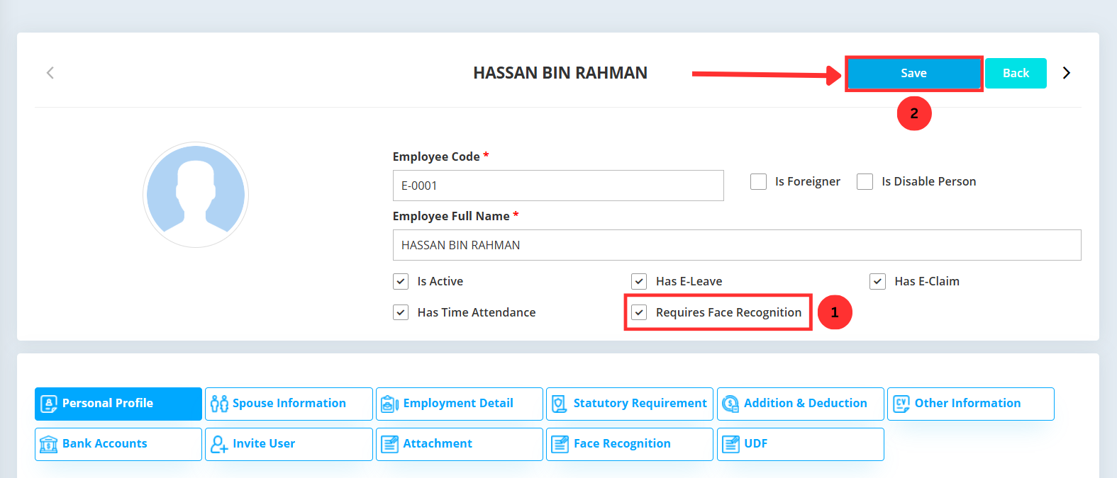 Save changes button in HRMS employee edit form