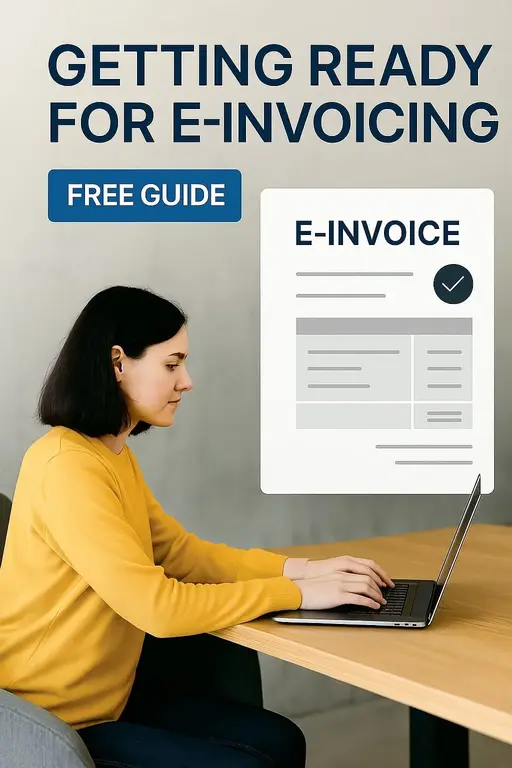 Preparing for e-invoicing on a laptop with an e-invoice displayed on the screen, featuring a free guide for Malaysian businesses to comply with IRBM requirements.
