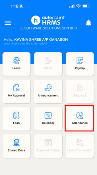 AutoCount HRMS app with "Attendance" highlighted