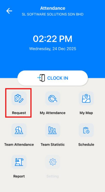 AutoCount HRMS app with "Request" highlighted