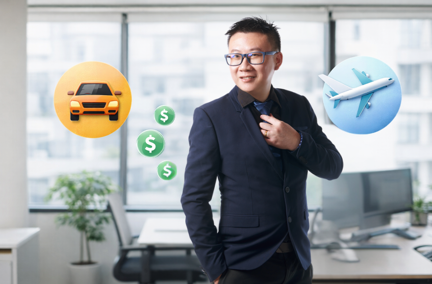 Businessman with car, money, and airplane icons