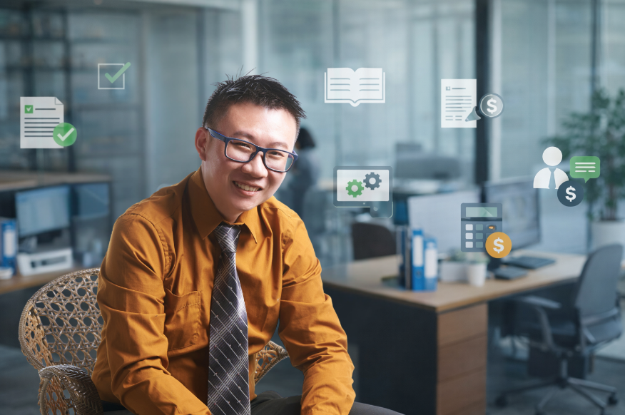 Businessman with finance, documents, and tools icons