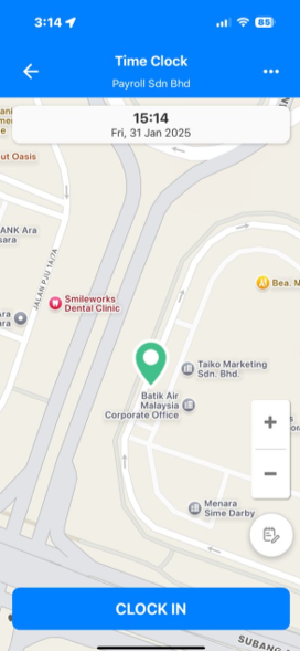 Time clock app with map showing location and 'Clock In' button