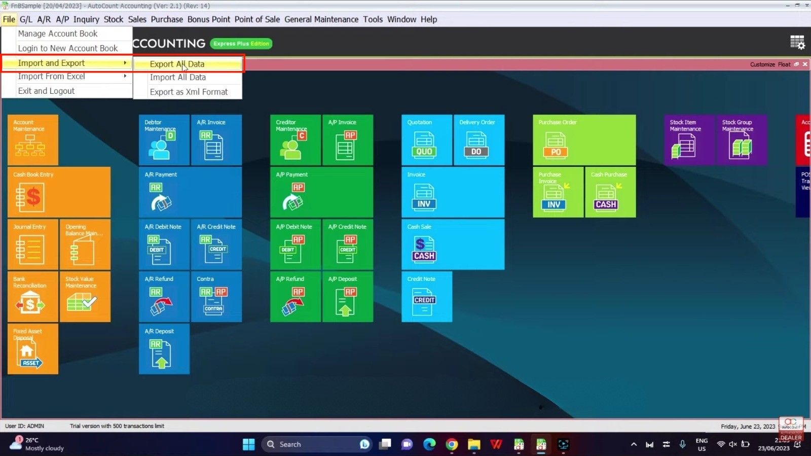 AutoCount Accounting software Export All Data menu screen