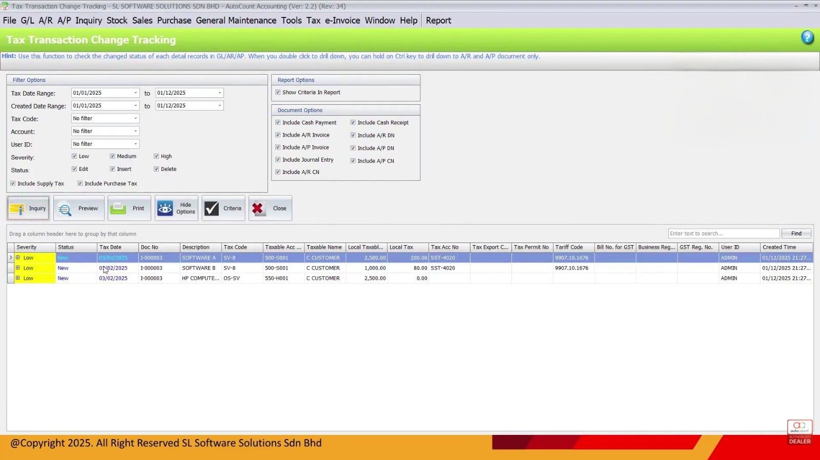 AutoCount Tax Transaction Change Tracking screen
