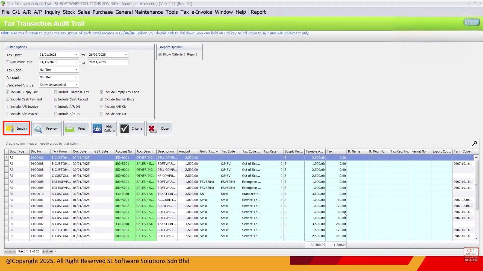 Tax Transaction Audit Trail with Inquiry in AutoCount Accounting