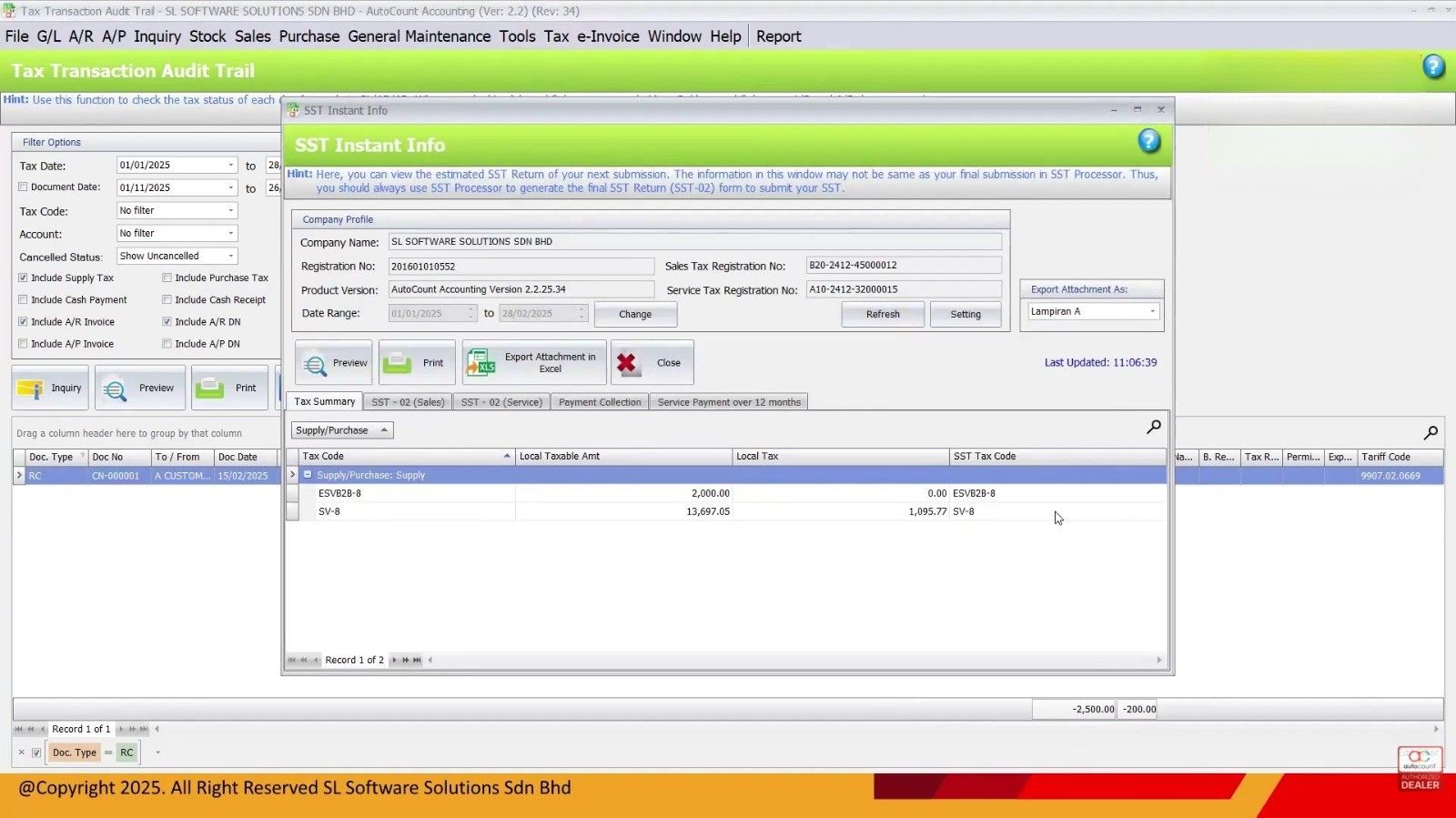 SST Instant Info in Tax Transaction Audit Trail in AutoCount Accounting