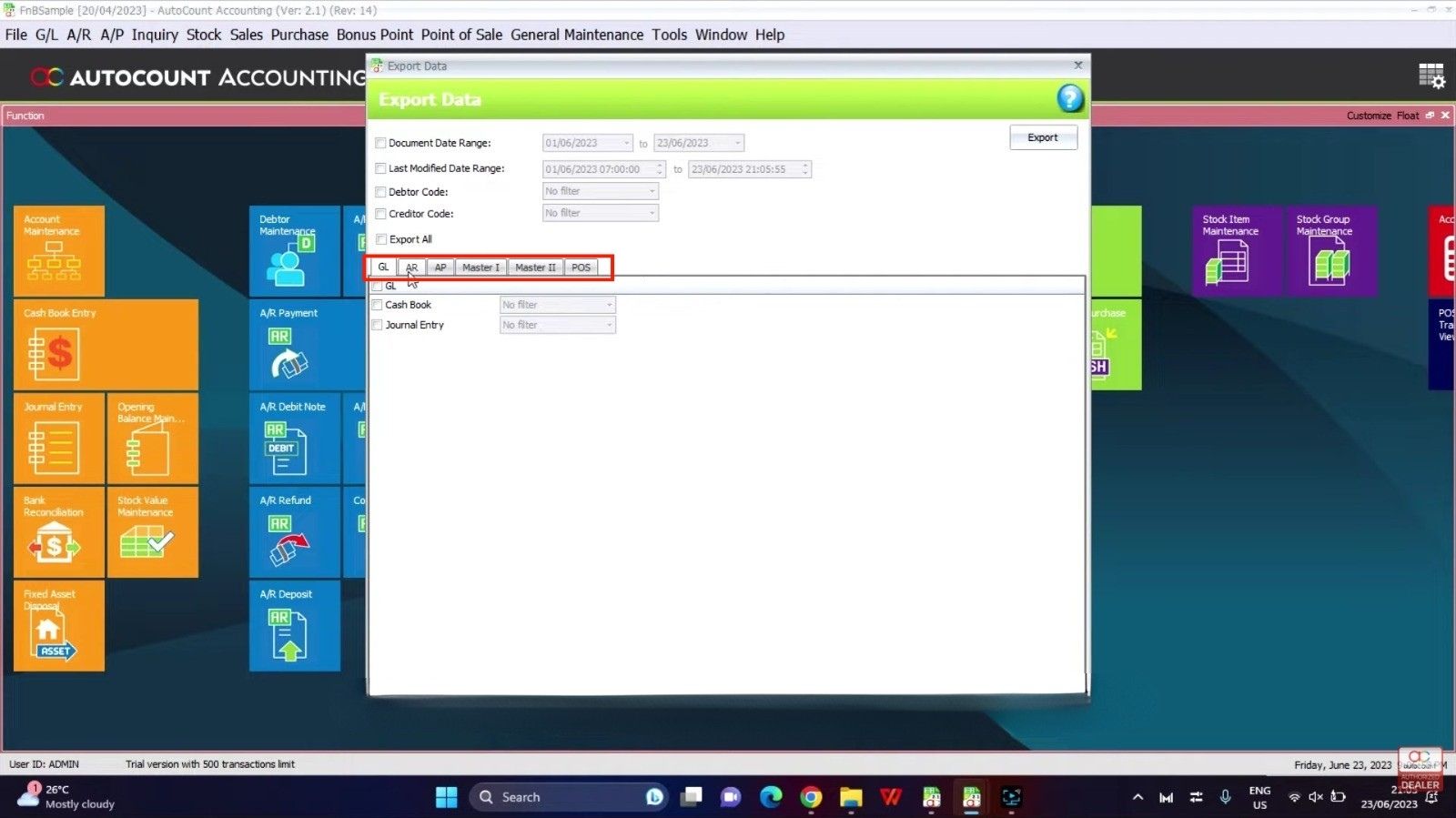 AutoCount Export Data screen with GL, AR, AP selection