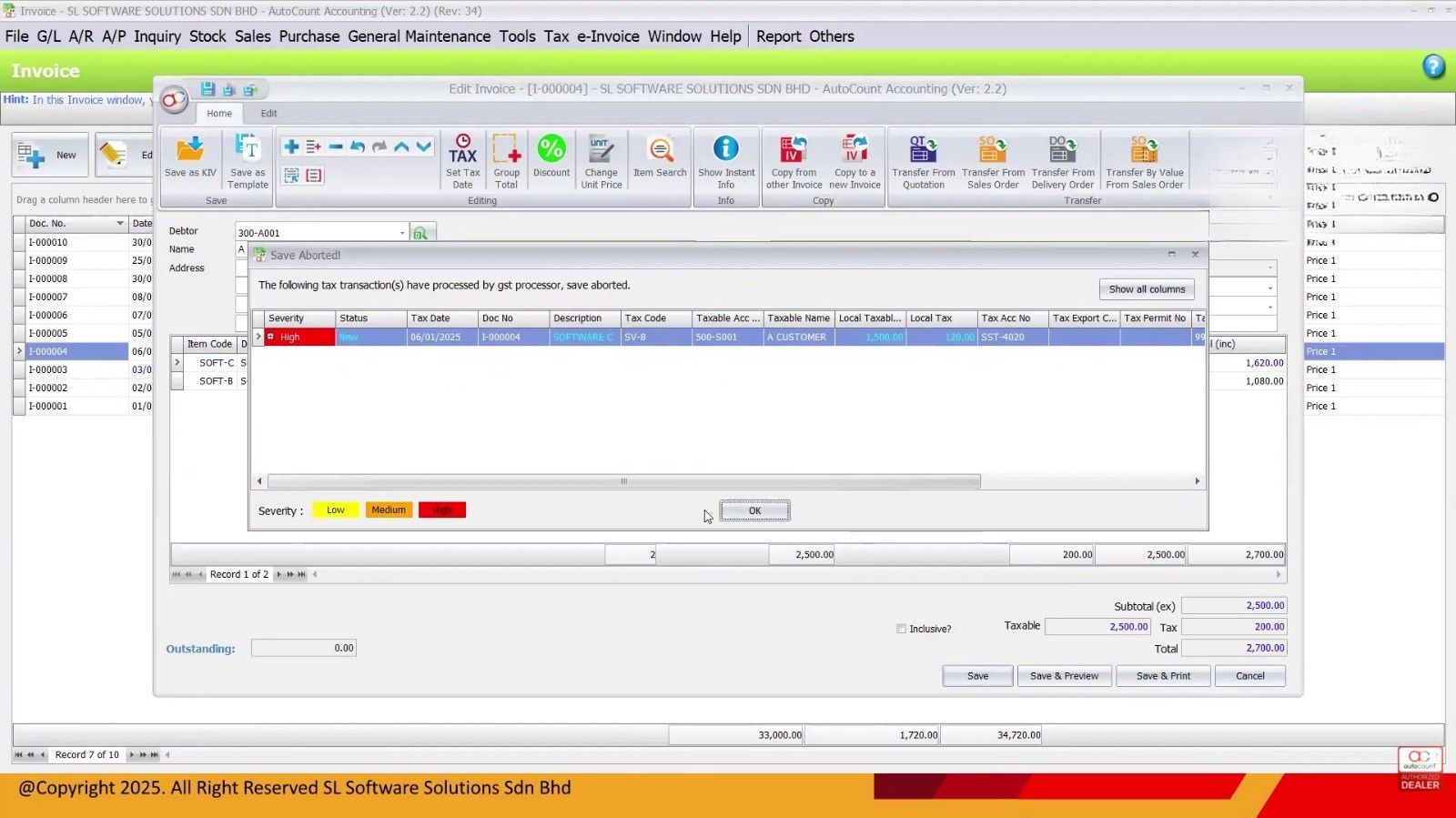 AutoCount invoice with high severity tax error