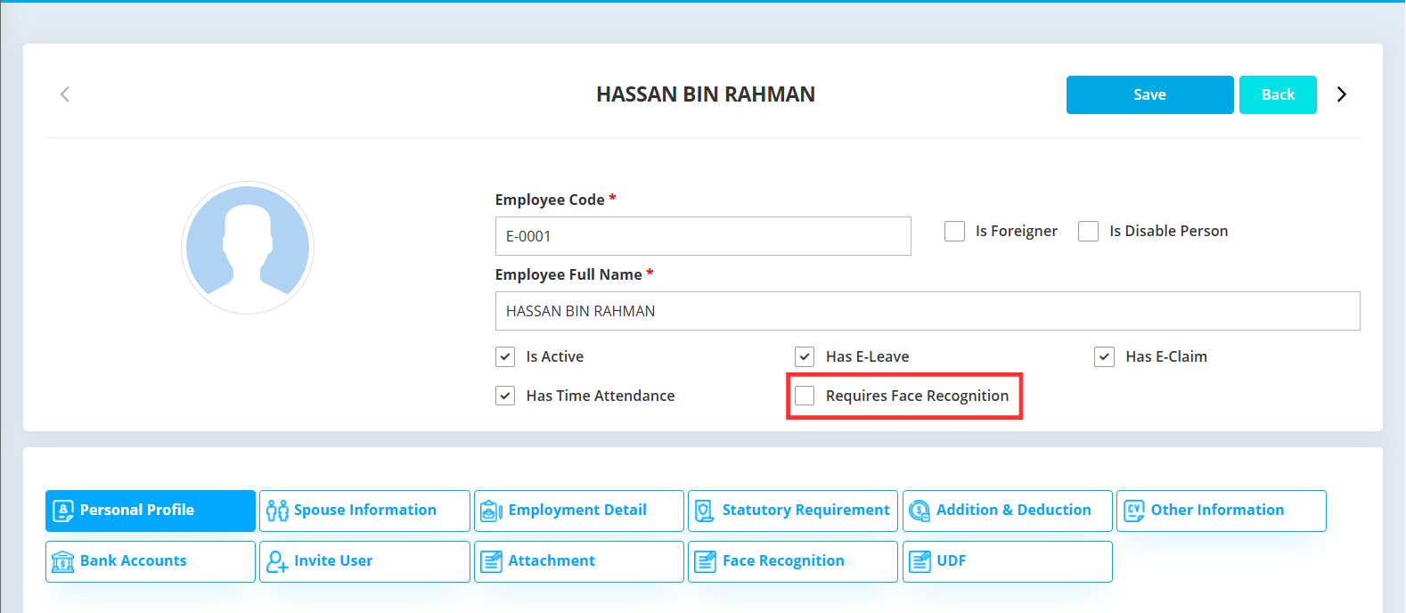 HRMS employee profile with face recognition option visible