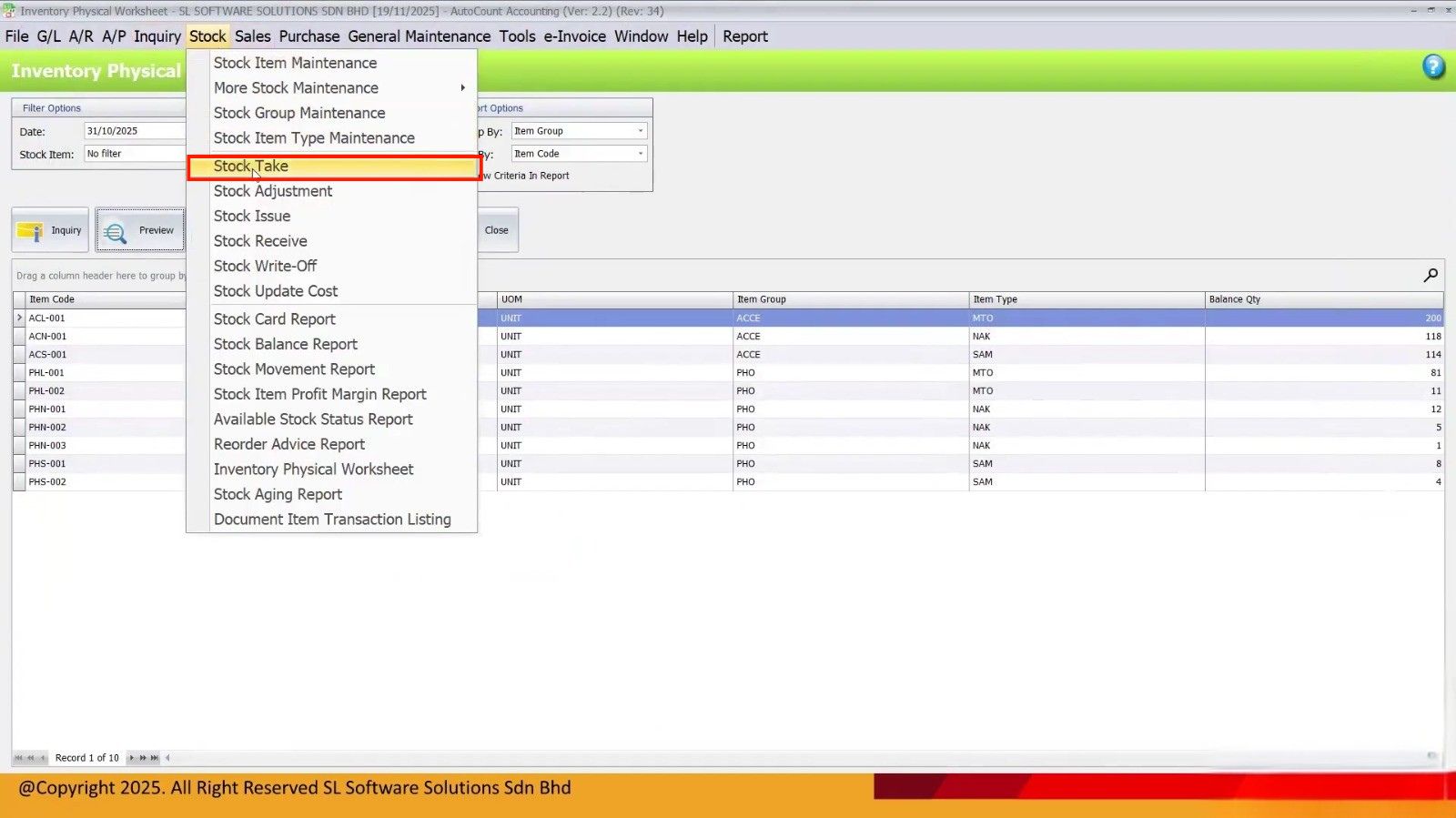 AutoCount Stock menu showing Stock Take option