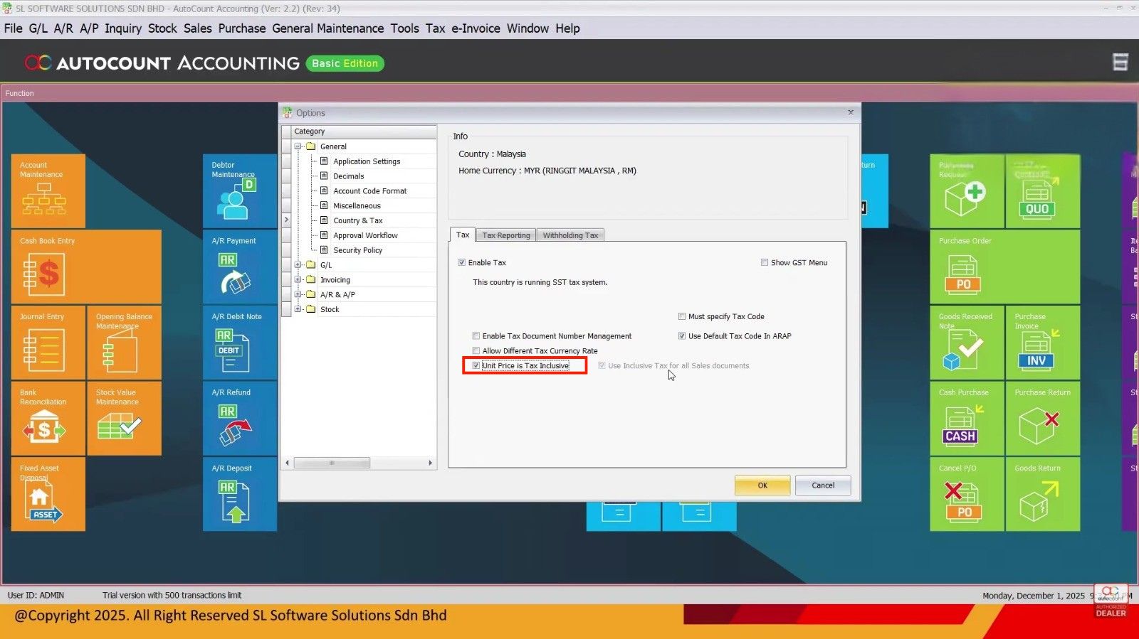 AutoCount Accounting settings with tax options