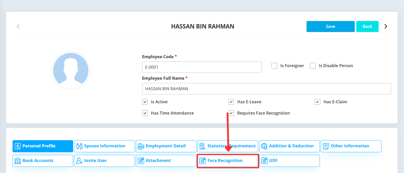 Face Recognition button/link in employee profile