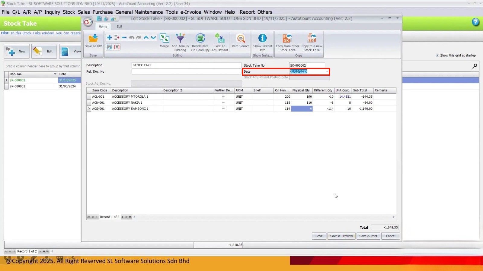 AutoCount Stock Take entry screen with stock quantities