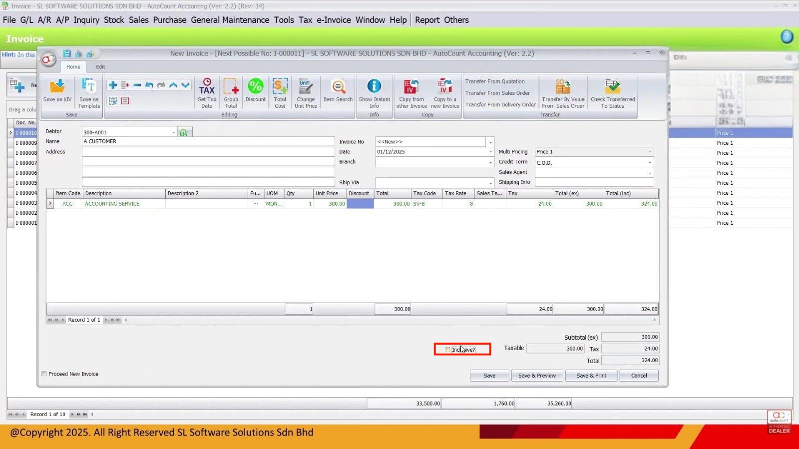 AutoCount new invoice screen with item details