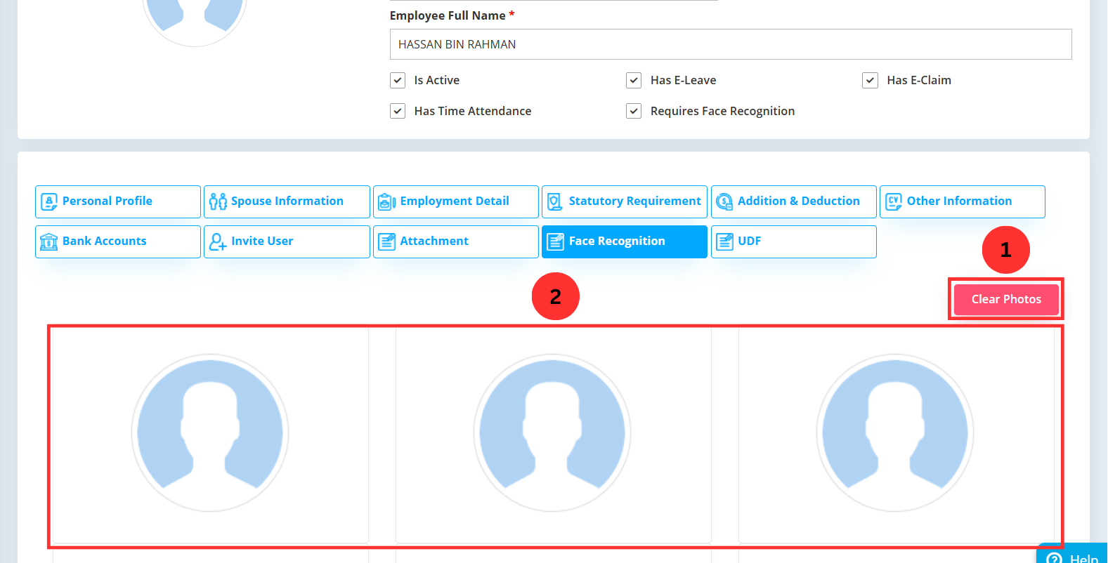 Clear Photos button and Save at top right of HRMS screen