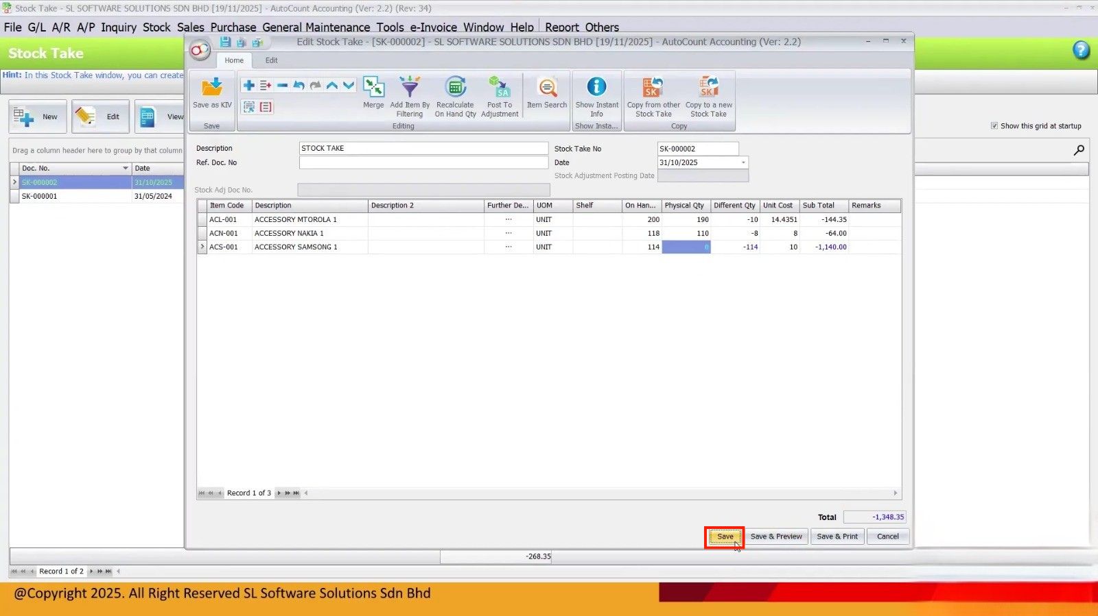 AutoCount Stock Take save screen