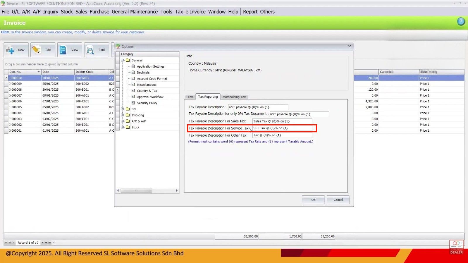 AutoCount tax payable description settings
