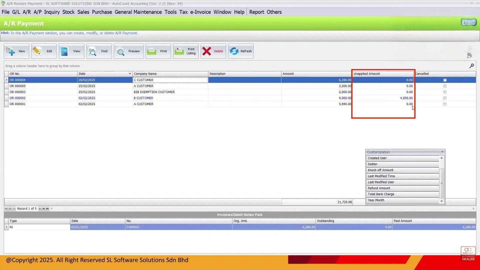 A/R Payment screen in AutoCount Accounting showing unpaid and paid amounts