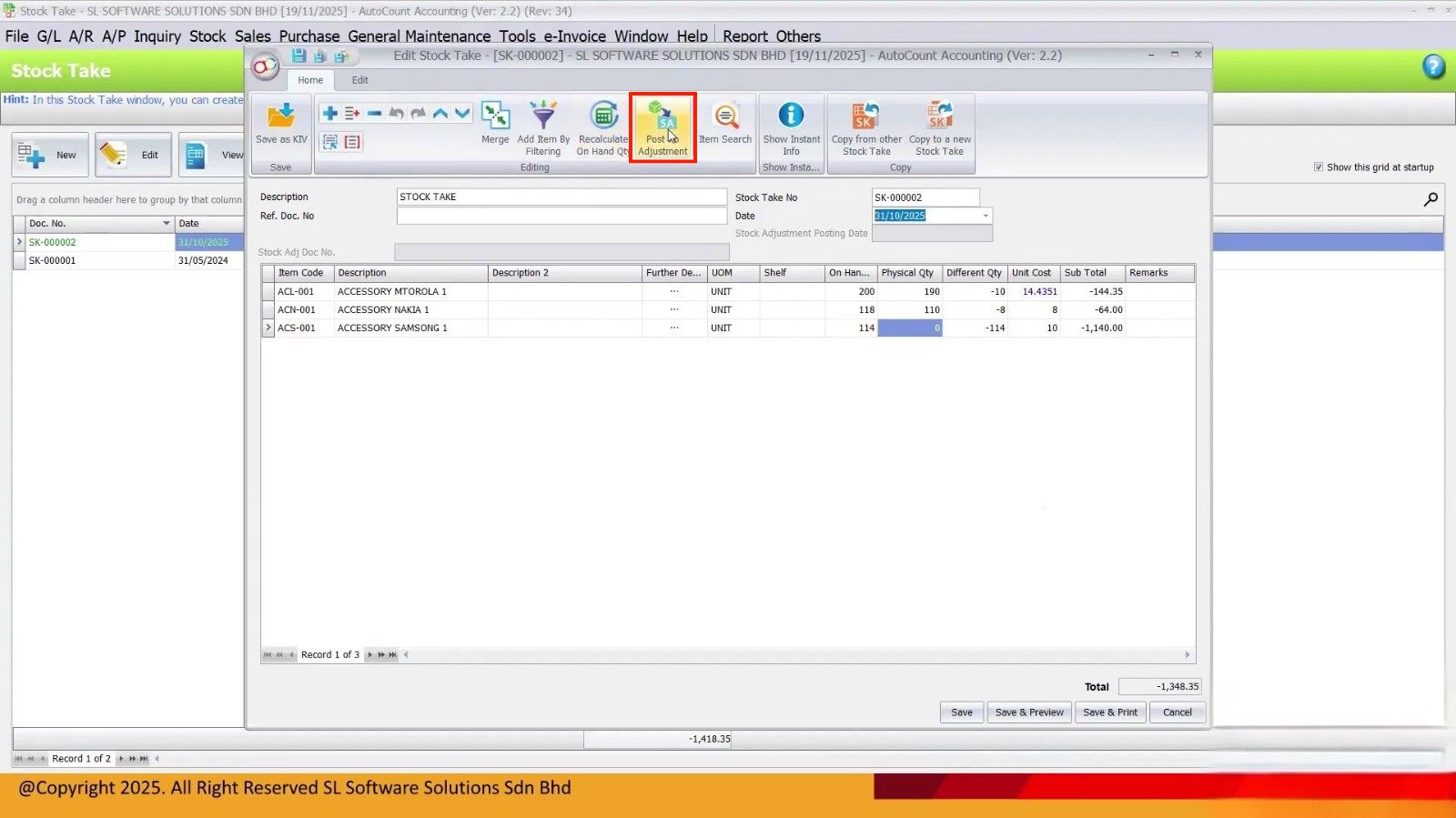 AutoCount Stock Take post stock adjustment