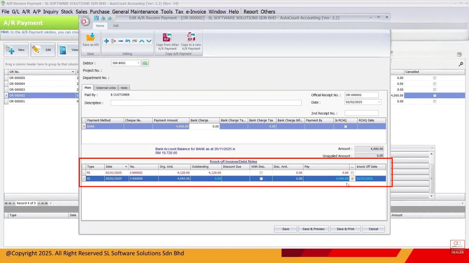A/R Payment window showing payment details in AutoCount Accounting